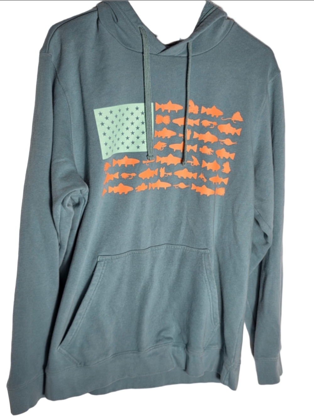 Men's Columbia PFG Hoodie Size M Blue Orange Fishing Flag Graphic Sweatshirt